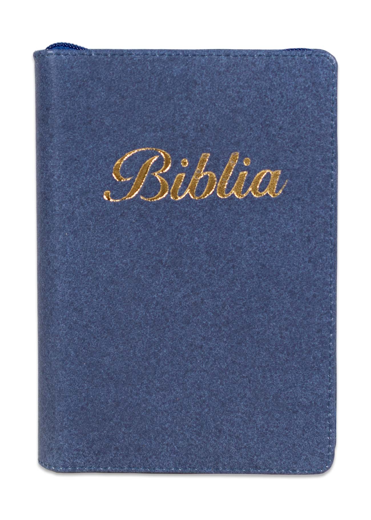 Biblia marime mica, culoare bleumarin, piele, fermoar, margini argintii, index, cuv. lui Isus cu rosu [047 PFI]