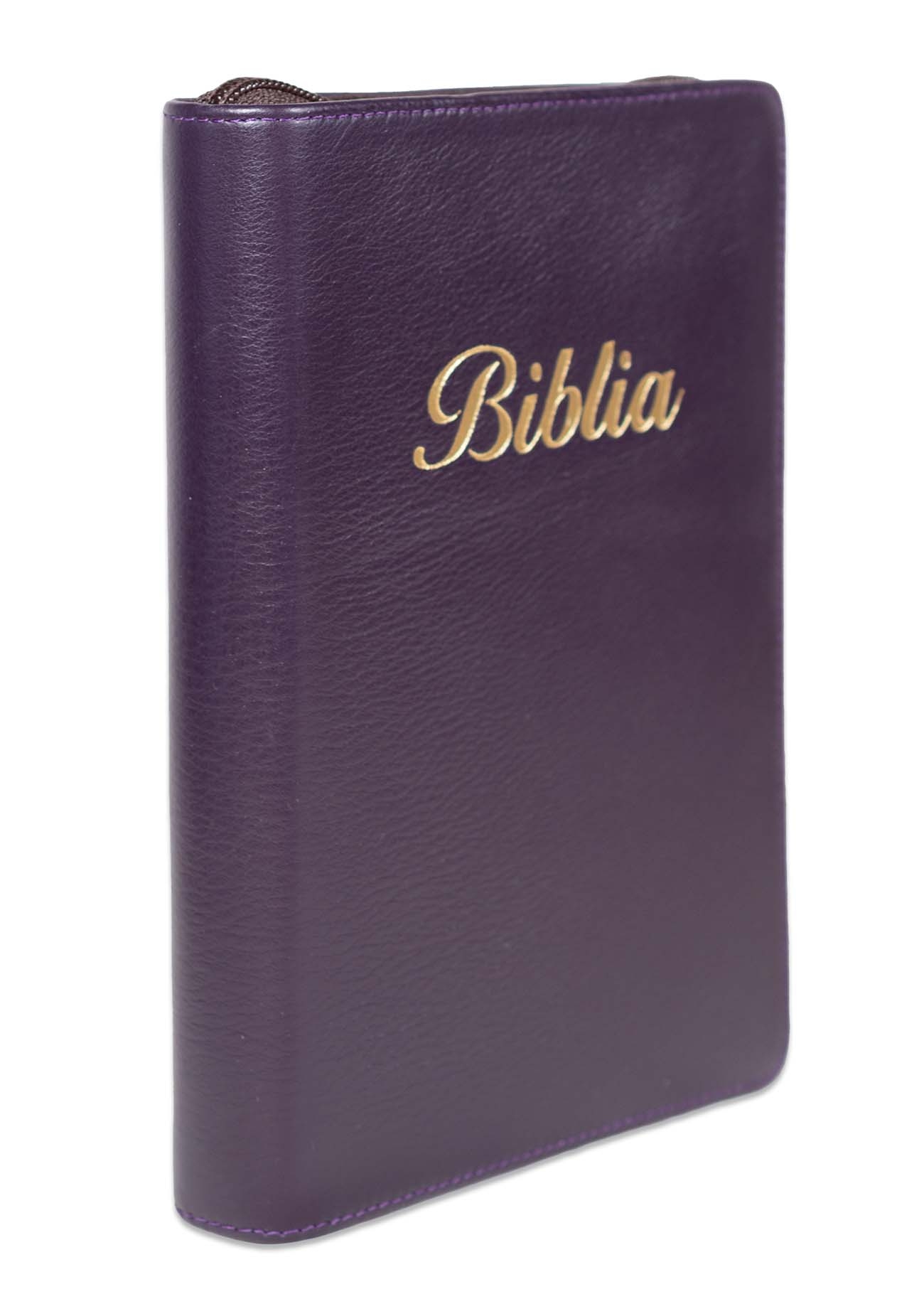 Biblia marime medie, culoare mov inchis, piele, fermoar, margini aurii, index, cuv. lui Isus cu rosu [MAR 057 PFI]
