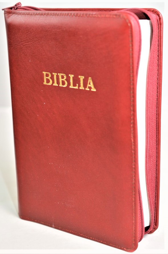Biblia din piele, marime medie, visiniu, fermoar, cuv. lui Isus cu rosu [053]