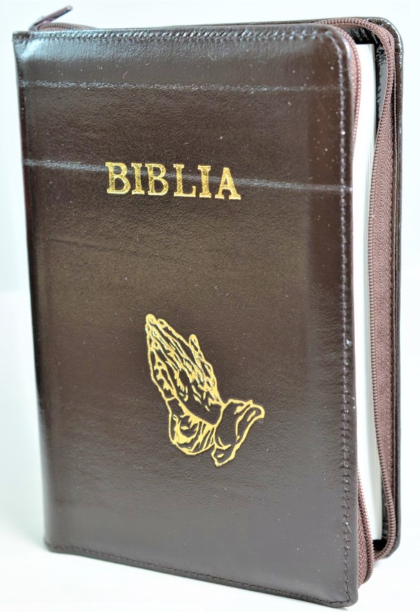 Biblia din piele, marime medie, culoare maro inchis lacuit, fermoar, simbol maini in ruga, cuv. lui Isus cu rosu [053]