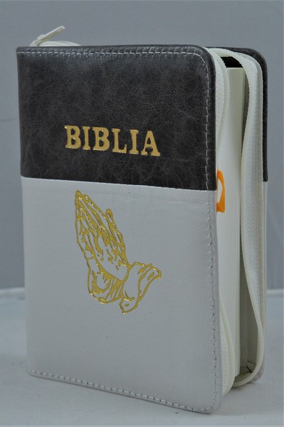 Biblie din piele, mica, ivory/nuante de gri, fermoar, margini albe, simbolul maini in ruga, cuv. lui Isus in rosu [043 PF]