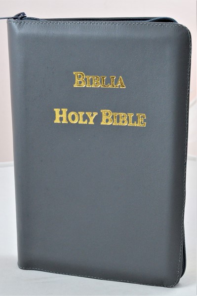 Biblia bilingva [engleza-romana], piele, gri, aurita, simbol maini, cuv. lui Isus cu rosu