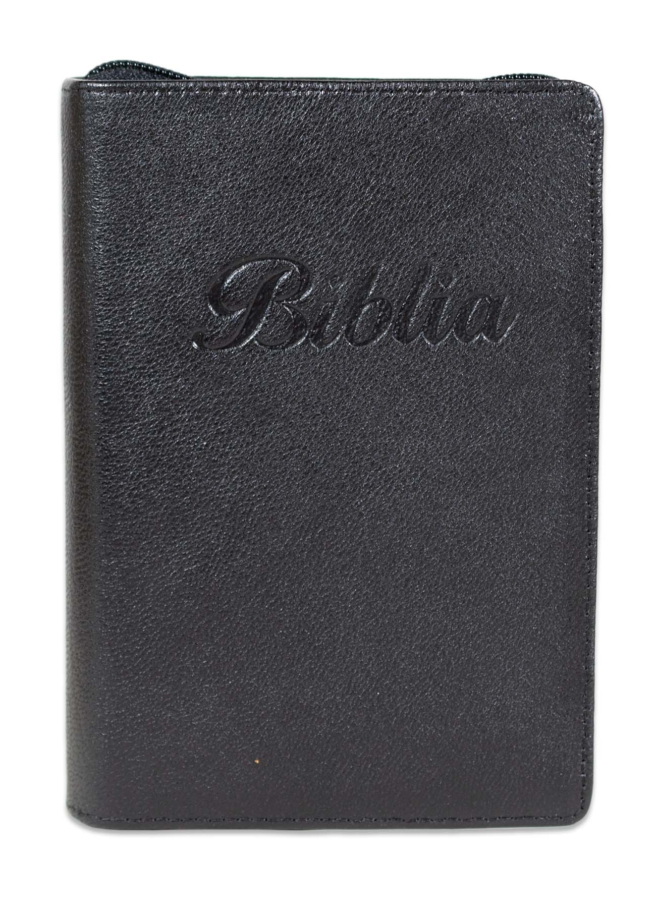 Biblia marime mica, neagra, piele, fermoar, margini argintii, index, cuv. lui Isus cu rosu [047 PFI]