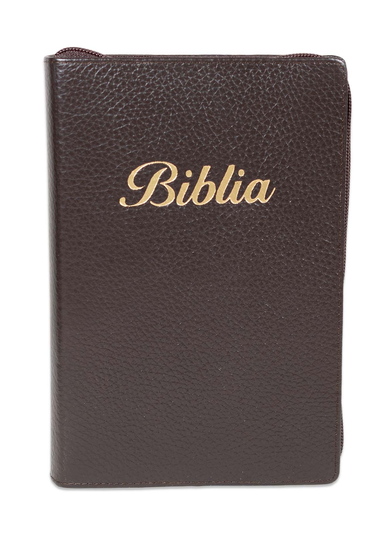 Biblia marime medie, culoare maro, piele, fermoar, margini aurii, index, cuv. lui Isus cu rosu [MAR 057 PFI]