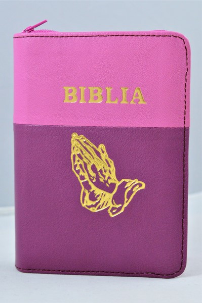 Biblie din piele, mica, roz/purpuriu, fermoar, margini albe, simbolul maini in ruga, cuv. lui Isus in rosu [043 PF]