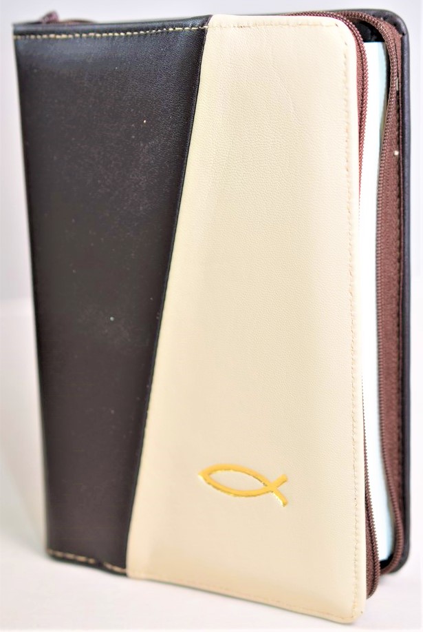 Biblia din piele, marime medie, maro/bej, fermoar, simbol peste, cuv. lui Isus cu rosu [053]