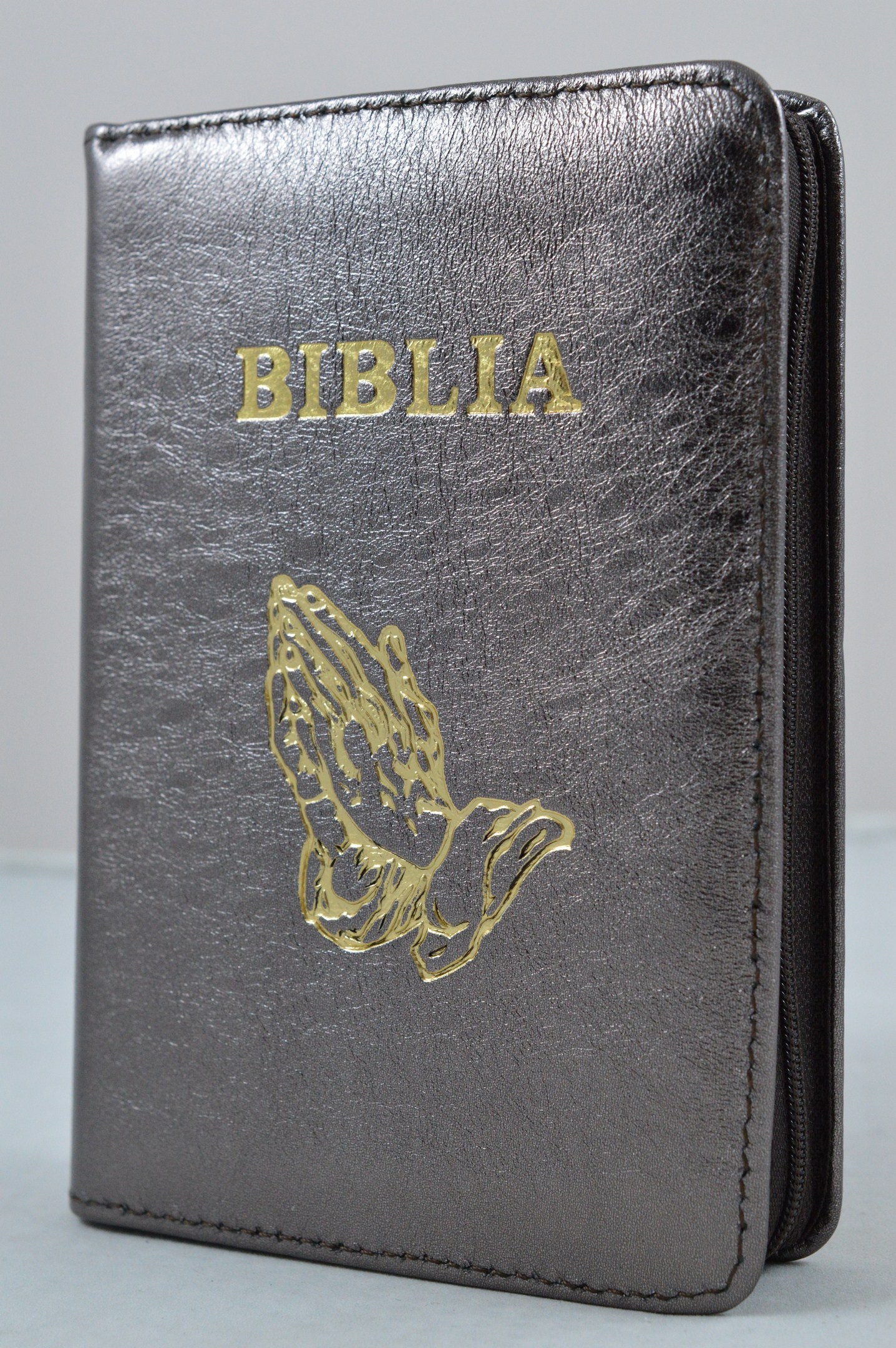 Biblie din piele, dimensiune mica, bronz sidefat, simbol maini in ruga, cuv. lui Isus in rosu [043 A]