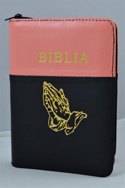 Biblie din piele, mica, negru/coral, fermoar, margini albe, simbolul maini in ruga, cuv. lui Isus in rosu [043 PF]