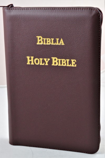 Biblia bilingva [engleza-romana], piele, visiniu, aurita, simbol maini, cuv. lui Isus cu rosu