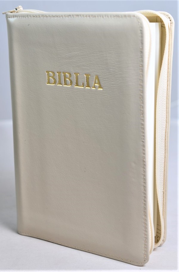 Biblia din piele, marime medie, bej,  fermoar, cuv. lui Isus cu rosu [053]