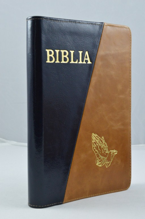 Biblia mare, din piele, indigo / maro deschis, fermoar, margini aurii, cu maini, cuv. lui Isus in rosu [073 PFR]