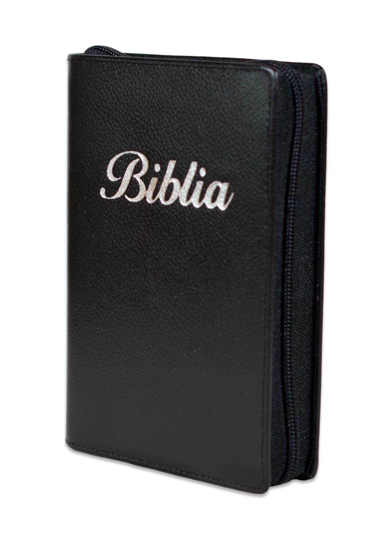 Biblia marime mica, neagra, piele, fermoar, margini aurii, index, cuv. lui Isus cu rosu [047 PFI]