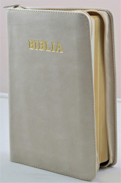 Biblia din piele, medie, crem, fermoar, aurita, cuv. lui Isus cu rosu [052]