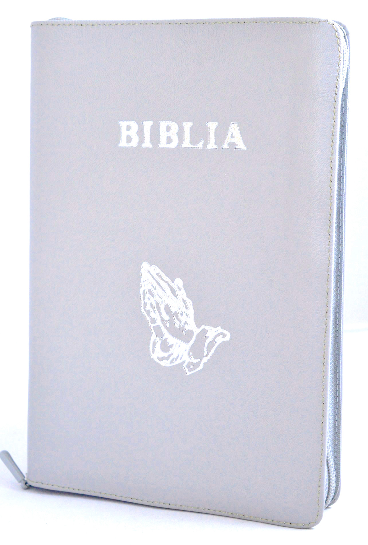 Biblia mare, coperta piele, culoare gri, fermoar, simbol maini [VS 073 PF]