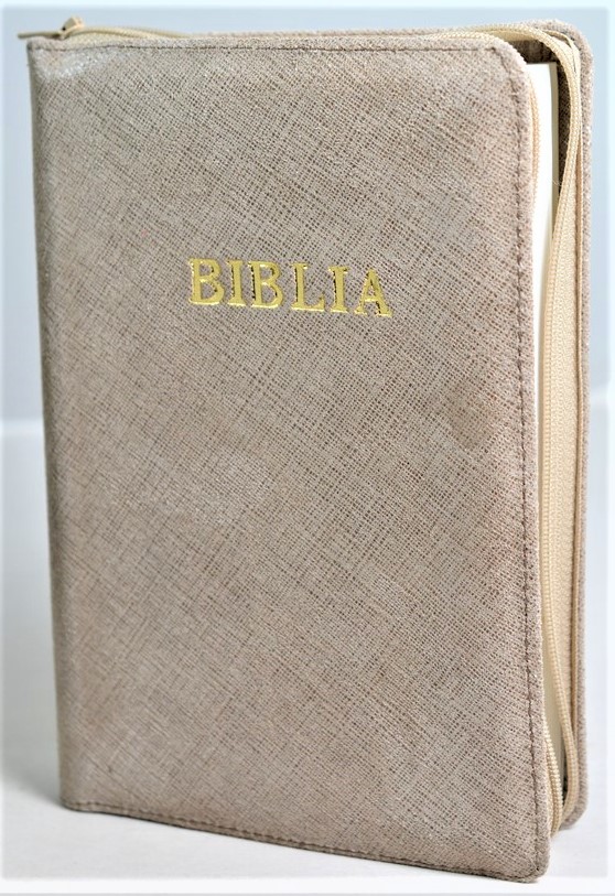 Biblia din piele, marime medie, textura bej,  fermoar, cuv. lui Isus cu rosu [053]