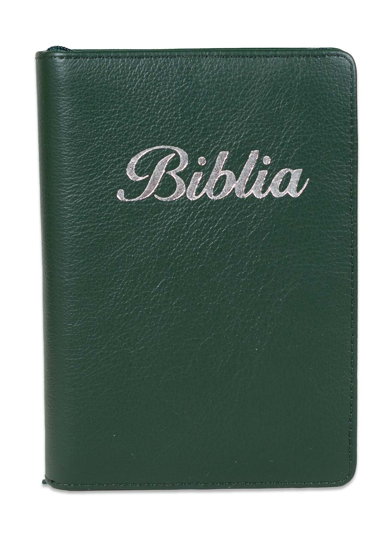 Biblia marime mica, verde, piele, fermoar, margini argintii, index, cuv. lui Isus cu rosu [047 PFI]