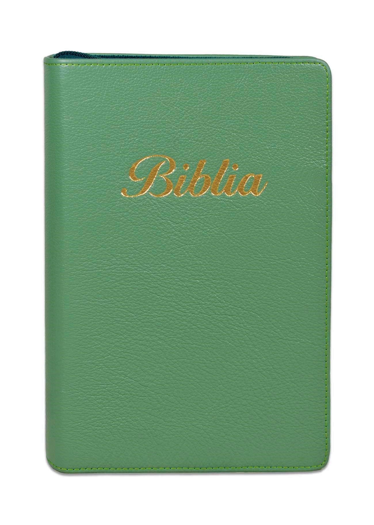 Biblia marime medie, nuanta de verde, piele, fermoar, margini aurii, index, cuv. lui Isus cu rosu [MAR 057 PFI]