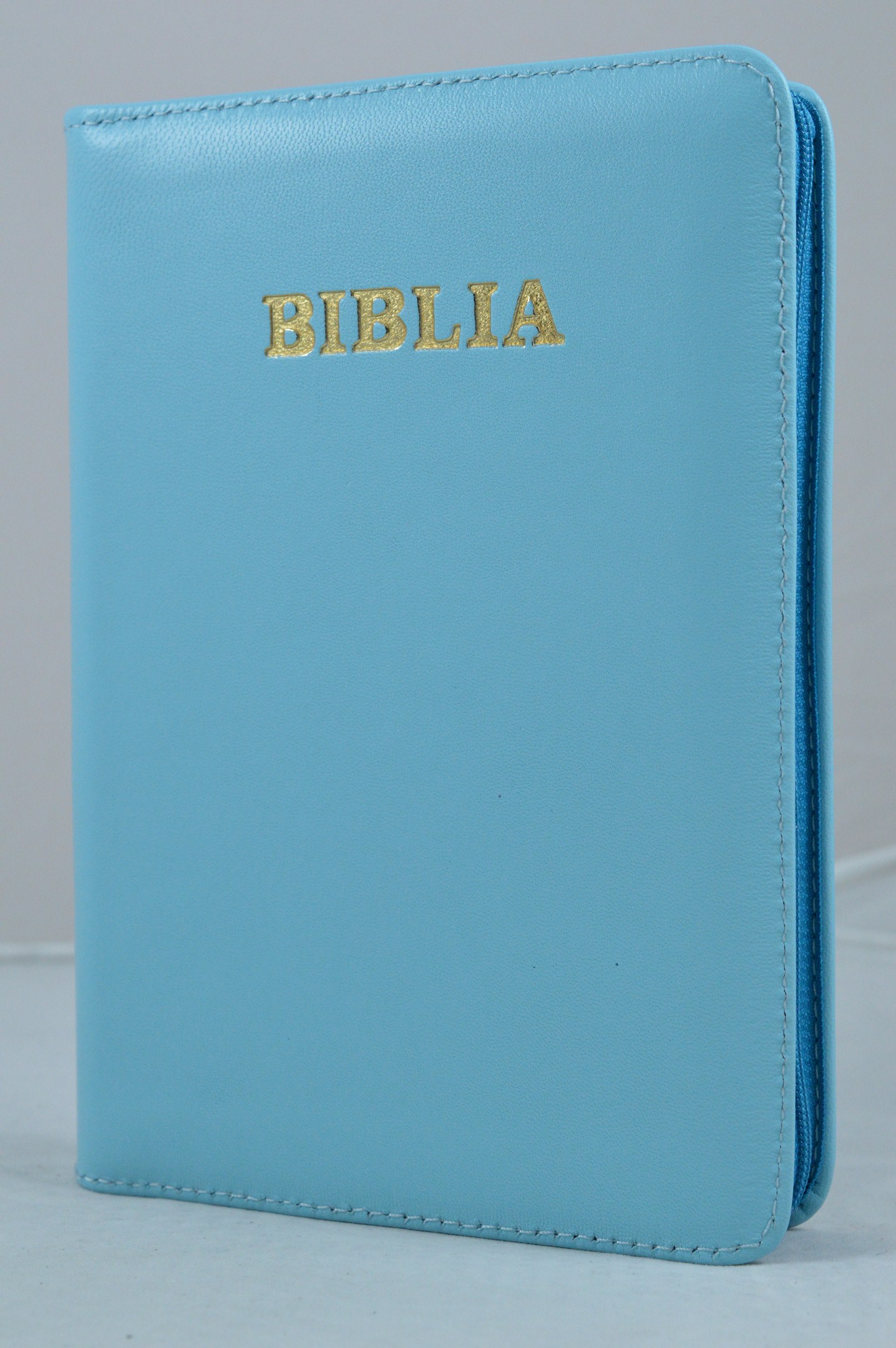 Biblia din piele, medie,albastru turcoaz, fermoar, aurita, cuv. lui Isus cu rosu [052]