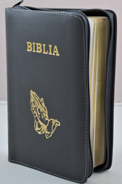 Biblia din piele, medie, gri, fermoar, aurita, simbolul maini in ruga, cuv. lui Isus cu rosu [052]