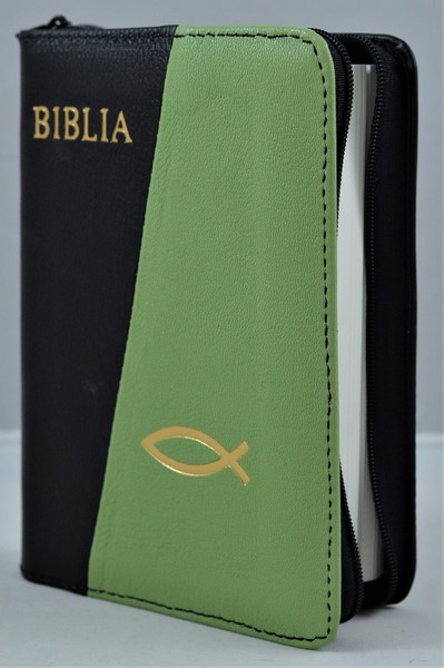 Biblie din piele, mica, negru/verde, fermoar, margini albe, simbolul maini in ruga, cuv. lui Isus in rosu [043 PF]