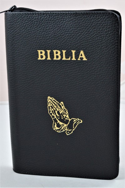 Biblia NTR (Noua Traducere), coperta piele, negru, simbol maini in ruga, fermoar, argintata - editia 3 revizuita