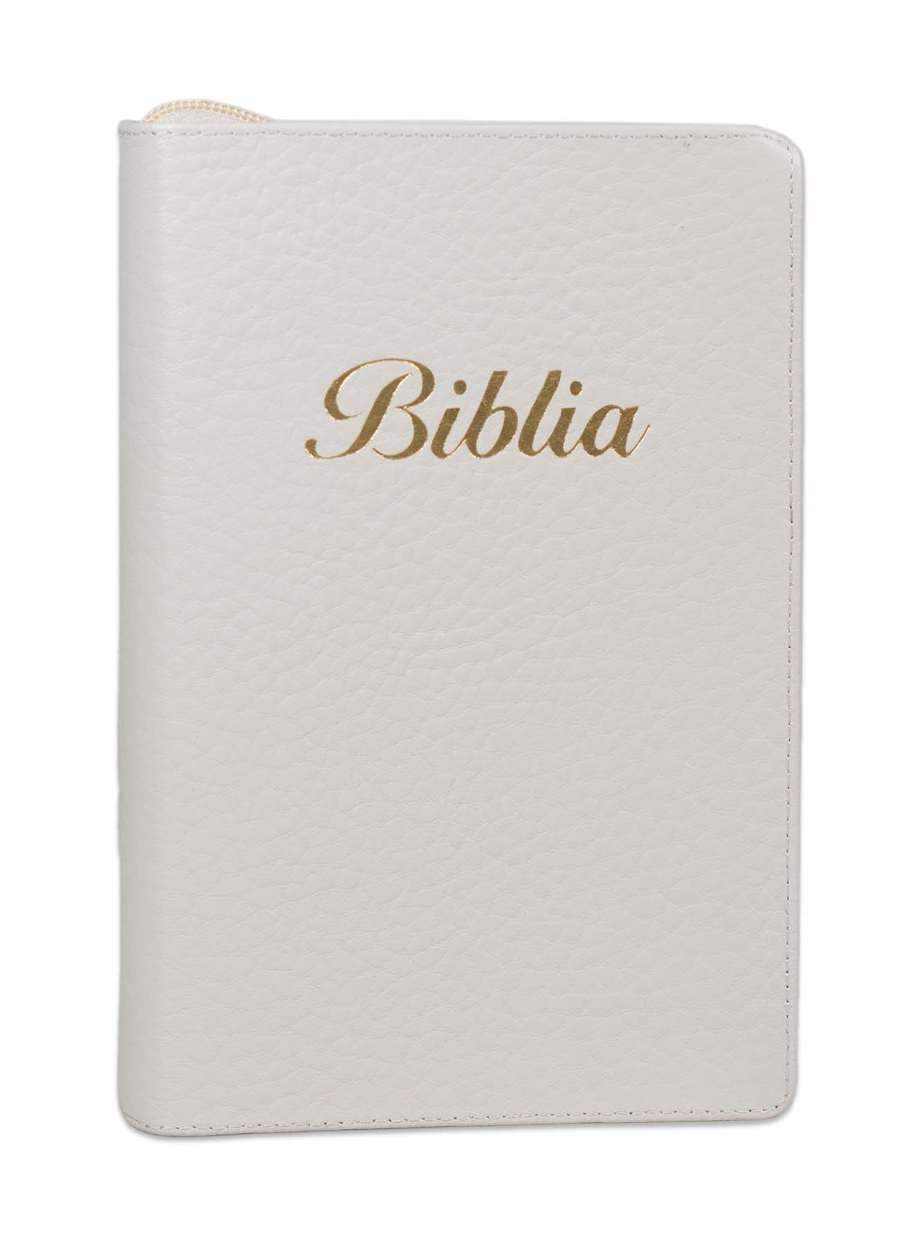 [ANTICARIAT] Biblia marime medie, culoare crem deschis, piele, fermoar, margini aurii, index, cuv. lui Isus cu rosu [MAR 057 PFI]   (Produs cu defect)