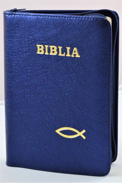 Biblia din piele, medie, bleumarin sidefat, fermoar, aurita, simbolul peste, cuv. lui Isus cu rosu [052]