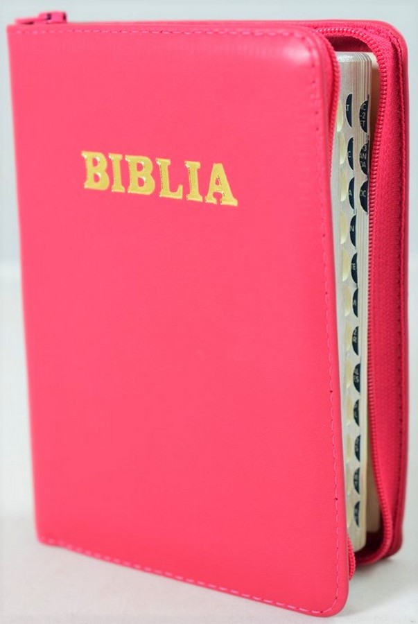 Biblia format mic, din piele, culoare nuanta  roz inchis, index, fermoar, margini argintii, cuv. lui Isus in rosu [047 PFI]