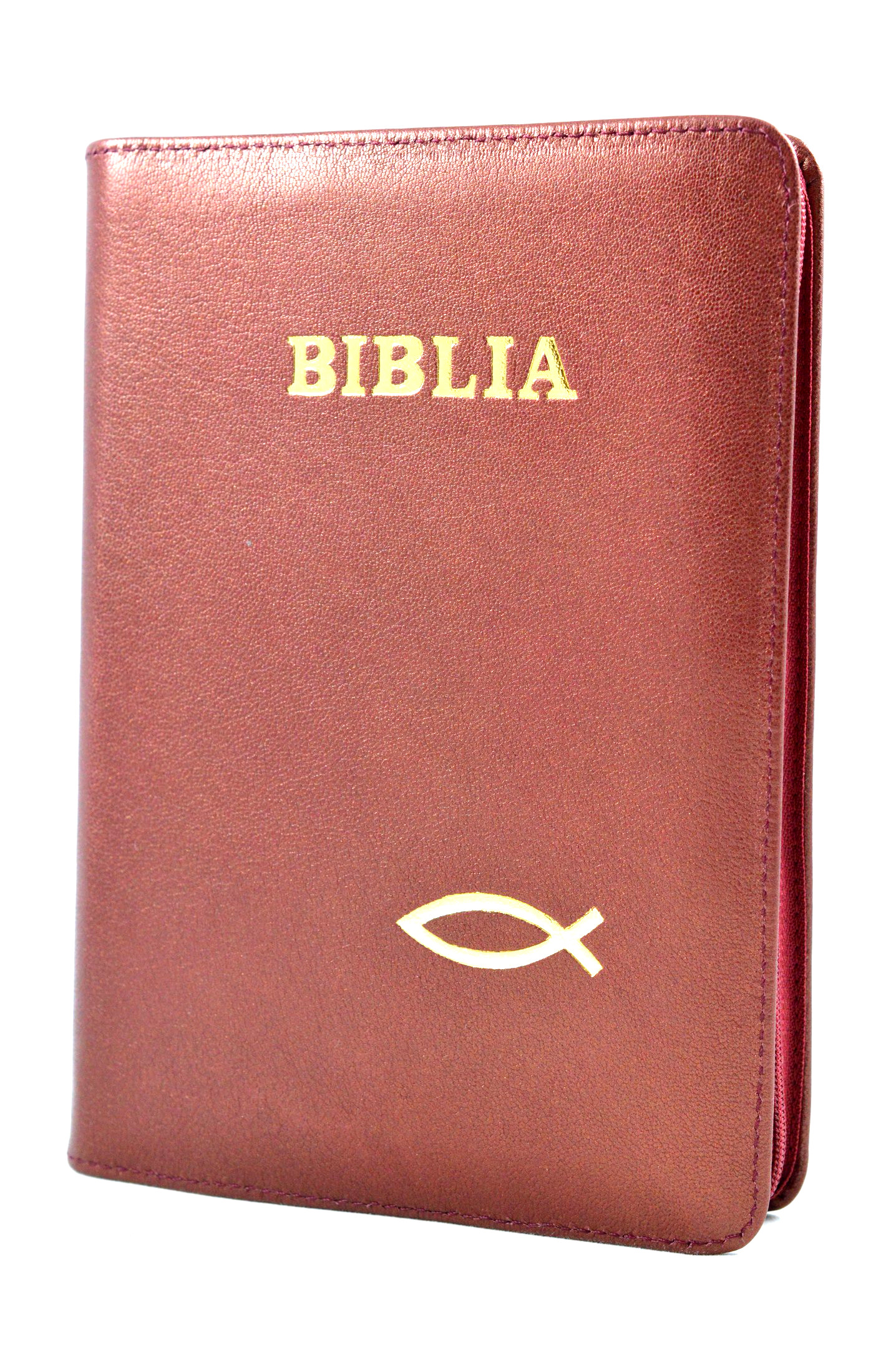 Biblia din piele, marime medie, culoare stacojie, fermoar, simbol peste, cuv. lui Isus cu rosu [053]