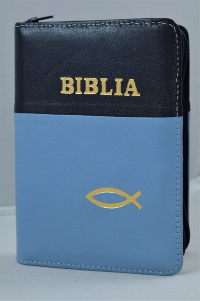 Biblie din piele, mica, albastru deschis/negru, fermoar, margini albe, simbolul peste, cuv. lui Isus in rosu [043 PF]