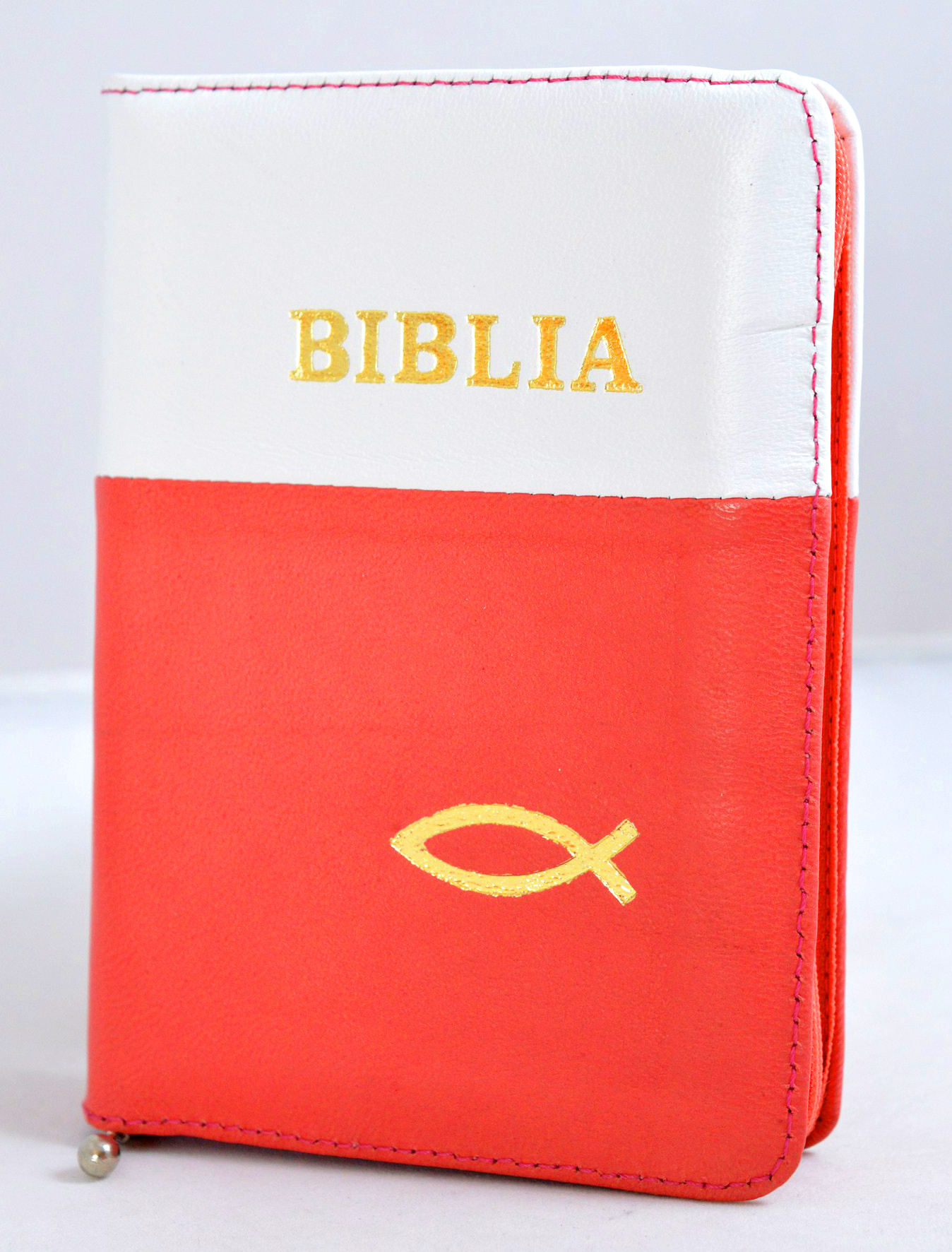 Biblia format mic, din piele, culoare alb - portocaliu, index, fermoar, margini argintii, simbol peste, cuv. lui Isus in rosu [047 PFI]