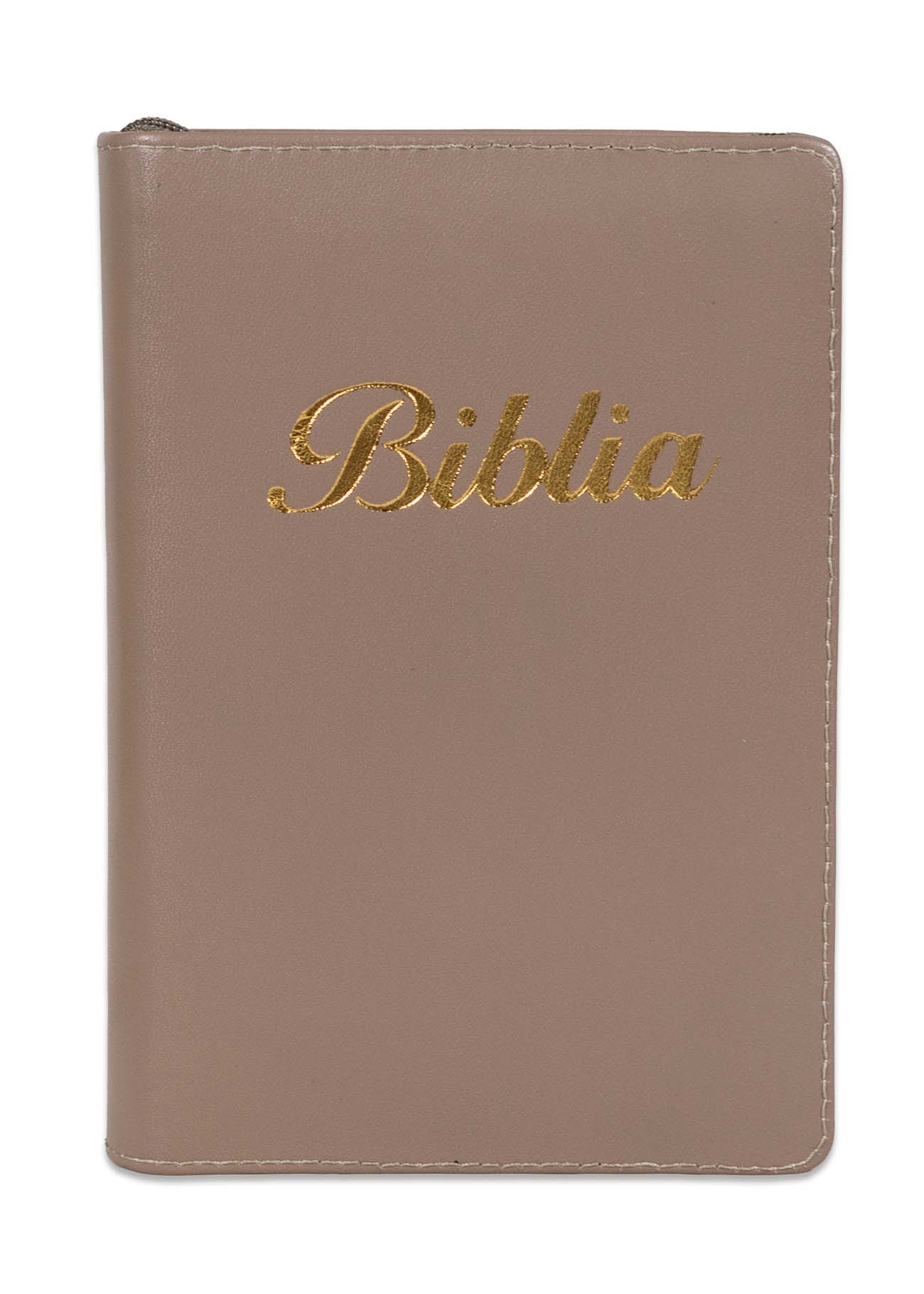 Biblia marime mica, culoare bej, piele, fermoar, margini argintii, index, cuv. lui Isus cu rosu [047 PFI]