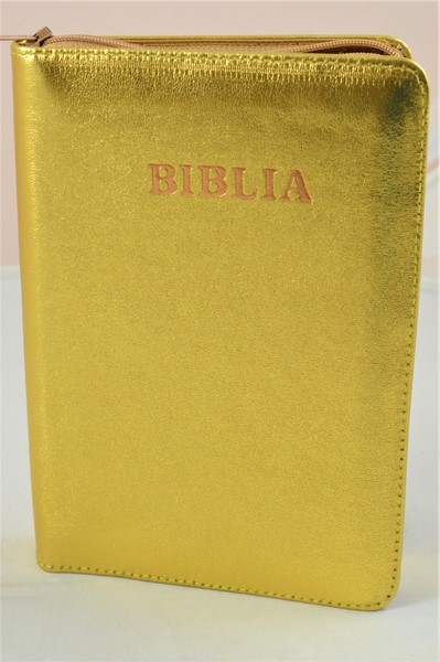 Biblia din piele, medie, auriu sidefat, fermoar, aurita, cuv. lui Isus cu rosu [052]