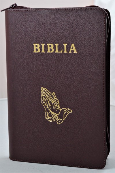 Biblia NTR (Noua Traducere), coperta piele, visiniu, simbol maini in ruga, fermoar, argintata - editia 3 revizuita