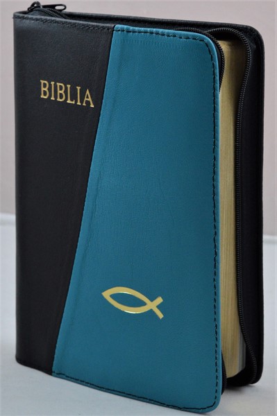 Biblia din piele, medie, negru/verde turcoaz, fermoar, aurita, simbolul peste, cuv. lui Isus cu rosu [052]