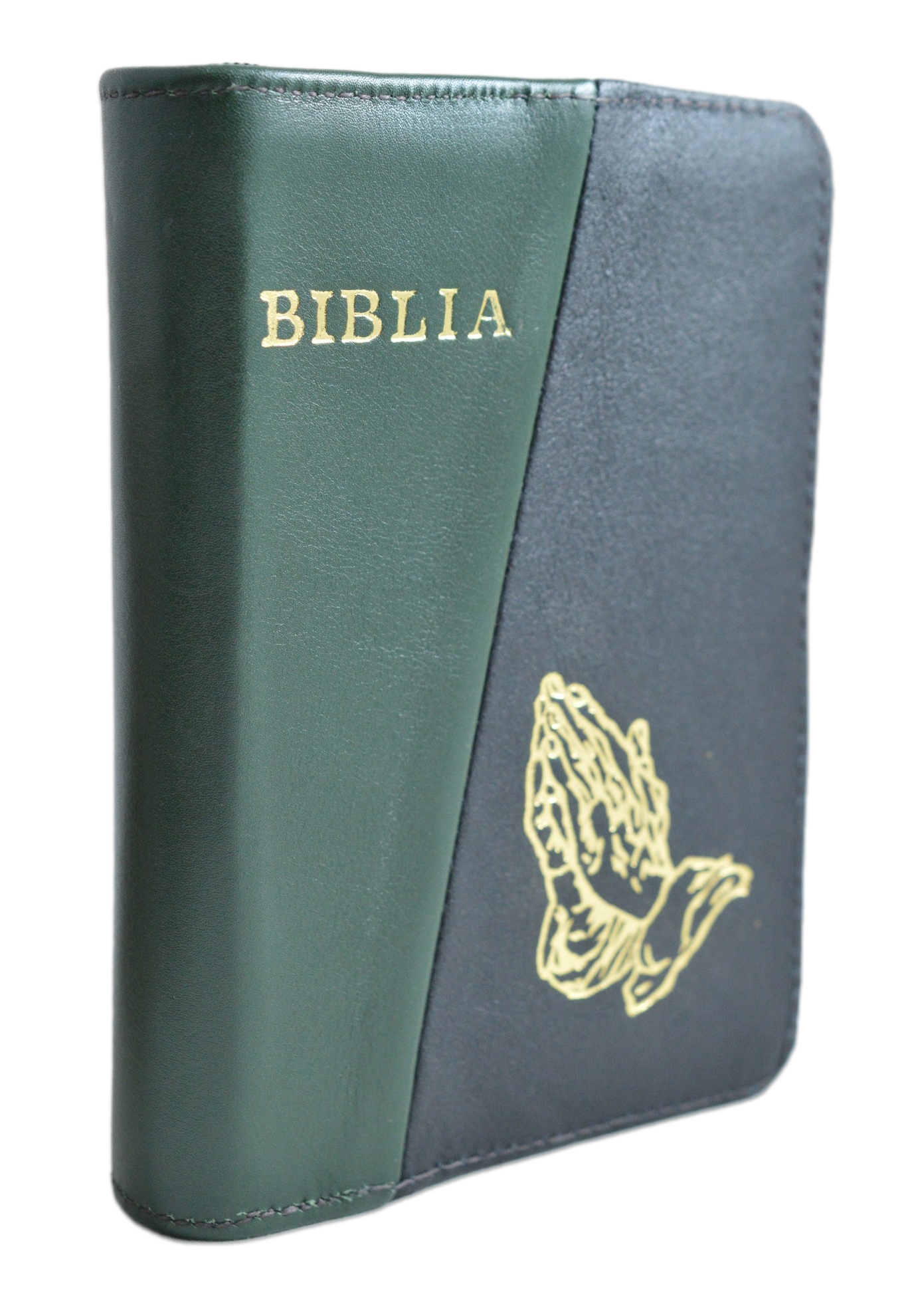 Biblia format mic, din piele, verde/negru lucios, index, fermoar, margini argintii, cu maini in ruga cuv. lui Isus in rosu [047 PFI]
