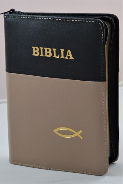 Biblia din piele, medie, negru/maro, fermoar, aurita, simbolul peste, cuv. lui Isus cu rosu [052]