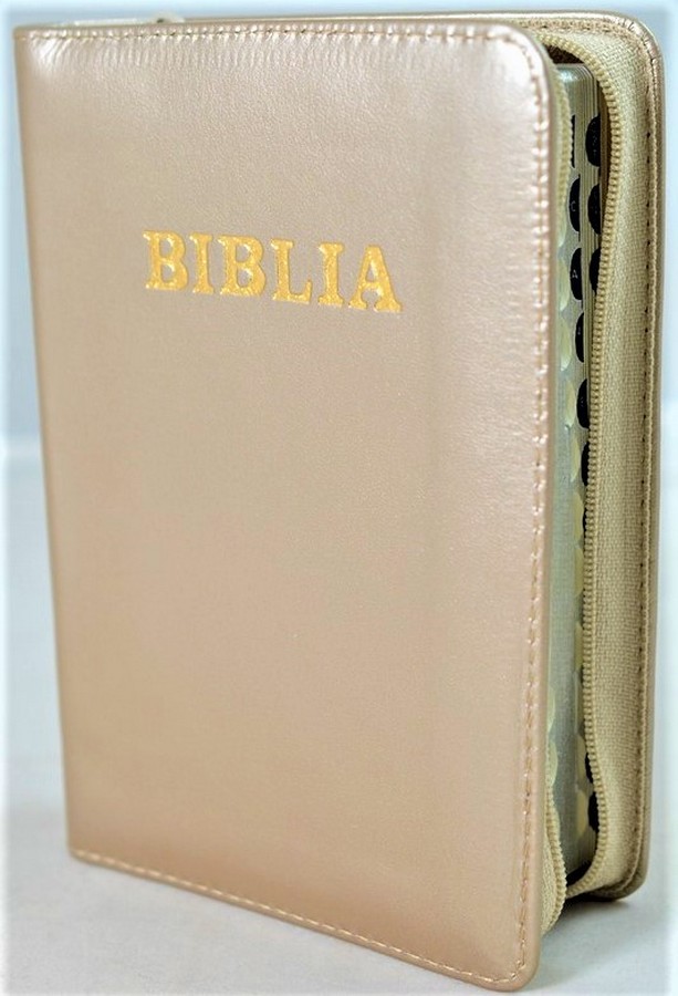 Biblia format mic, din piele, culoare bej sidefat , index, fermoar, margini argintii, cuv. lui Isus in rosu [047 PFI]