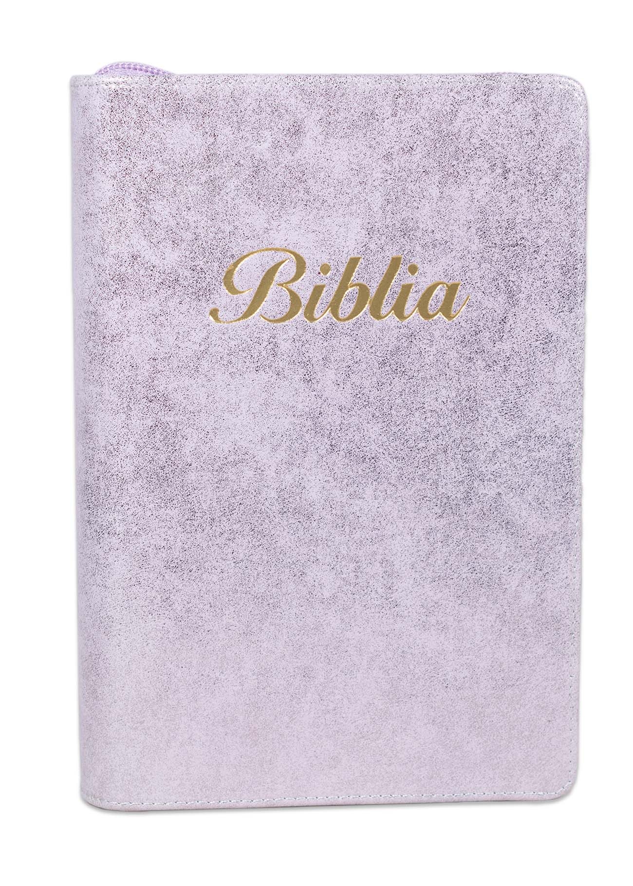 Biblia marime medie, culoare mov sidefat, piele, fermoar, margini aurii, index, cuv. lui Isus cu rosu [MAR 057 PFI]