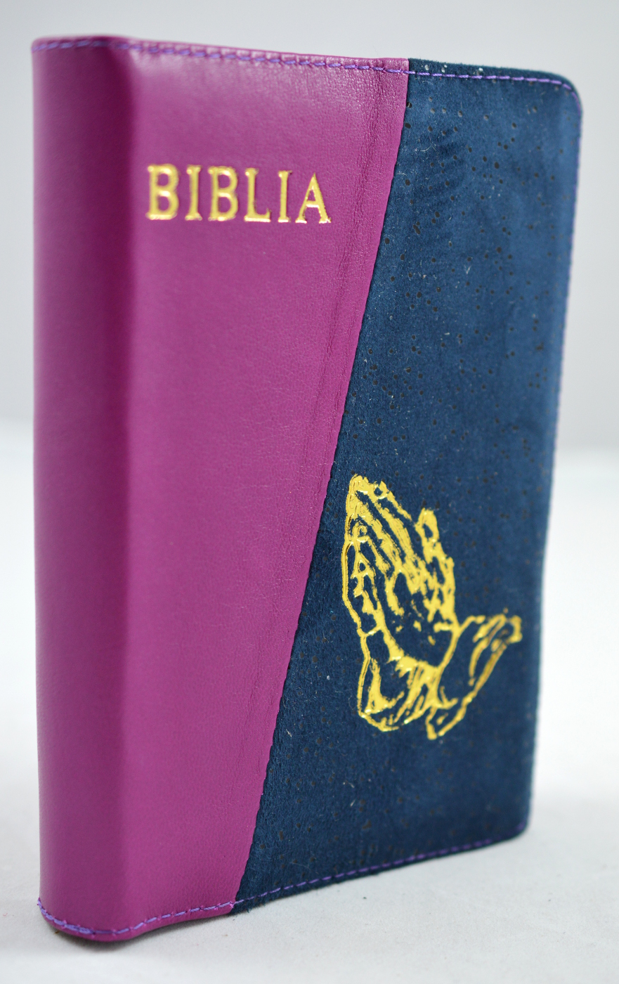 Biblia din piele, violet / bleu, dimensiune mica, fermoar, cu maini, cuv. lui Isus cu rosu  [043]