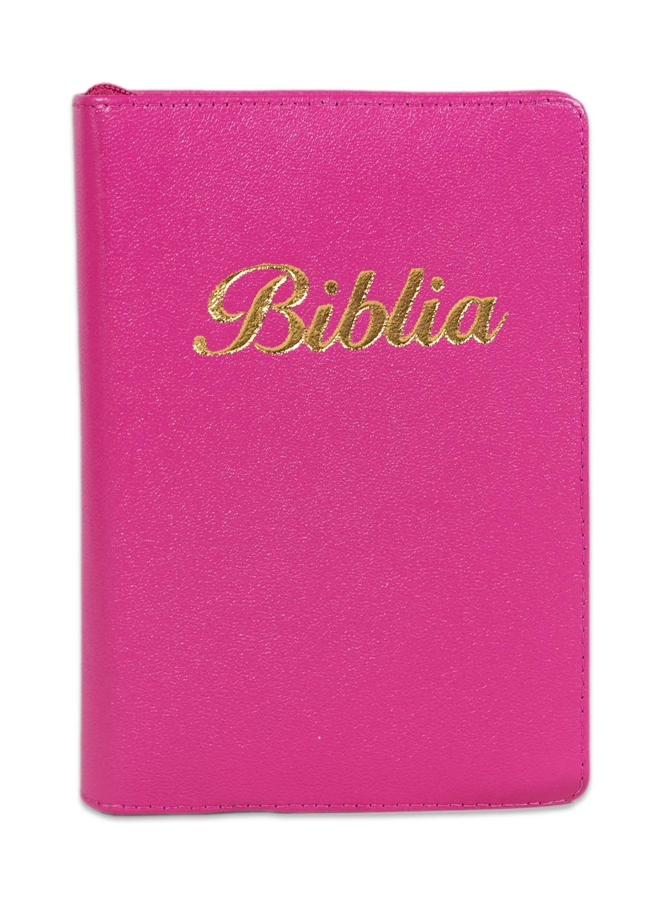 Biblia marime mica, roz bombon, piele, fermoar, margini argintii, index, cuv. lui Isus cu rosu [047 PFI]