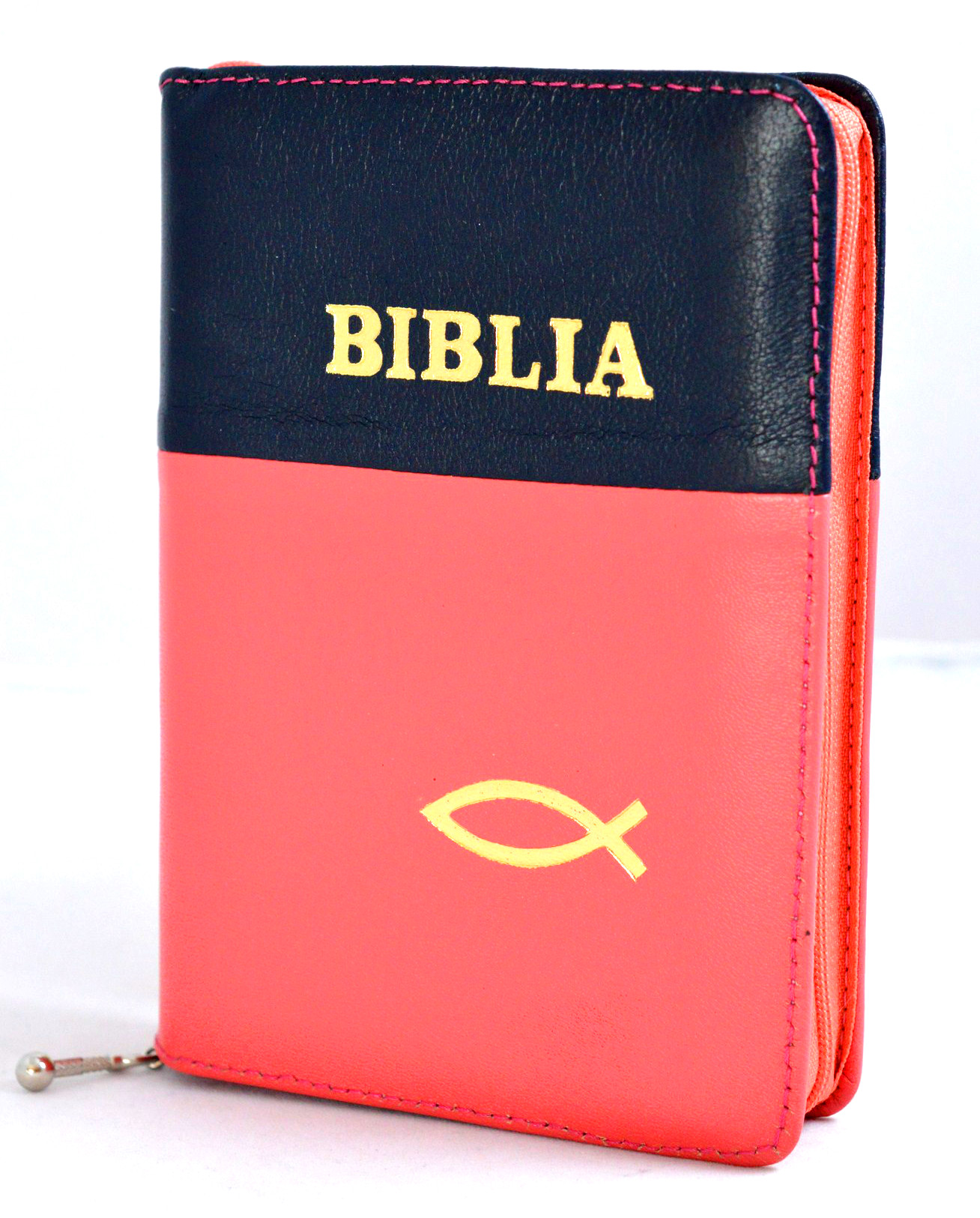 Biblia format mic, din piele, culoare negru - portocaliu, index, fermoar, margini argintii, simbol peste, cuv. lui Isus in rosu [047 PFI]