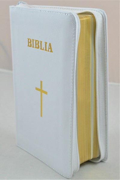Biblia din piele, medie, alba, fermoar, aurita, simbolul cruce, cuv. lui Isus cu rosu [052]