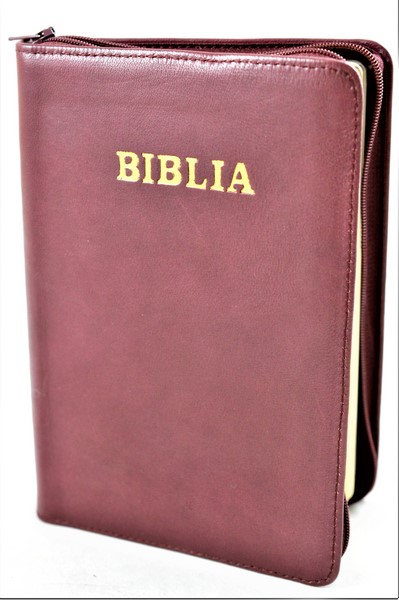 Biblia din piele, medie, visinie, fermoar, aurita, cuv. lui Isus cu rosu [052]