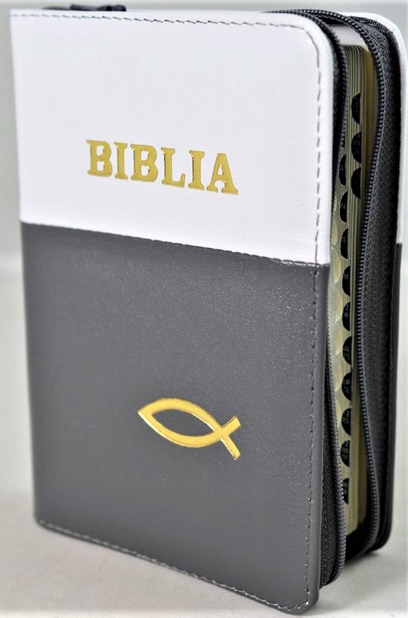 Biblia format mic, din piele, culoare nuanta alb cu gri, index, fermoar, margini argintii, simbolul peste, cuv. lui Isus in rosu [047 PFI]
