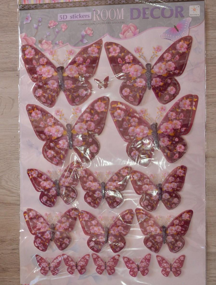 Fluturi decorativi 5D (set 15 buc)  visiniu cu floricele Fluturi decorativi 5D (set 15 buc)  visiniu cu floricele
