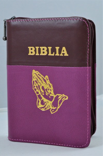 Biblie din piele, mica, visiniu/purpuriu, fermoar, margini albe, simbolul maini in ruga, cuv. lui Isus in rosu [043 PF]