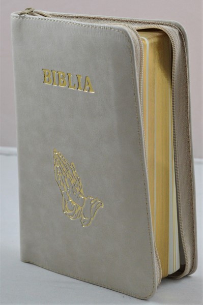 Biblia din piele, medie, bej, fermoar, aurita, simbolul maini in ruga, cuv. lui Isus cu rosu [052]