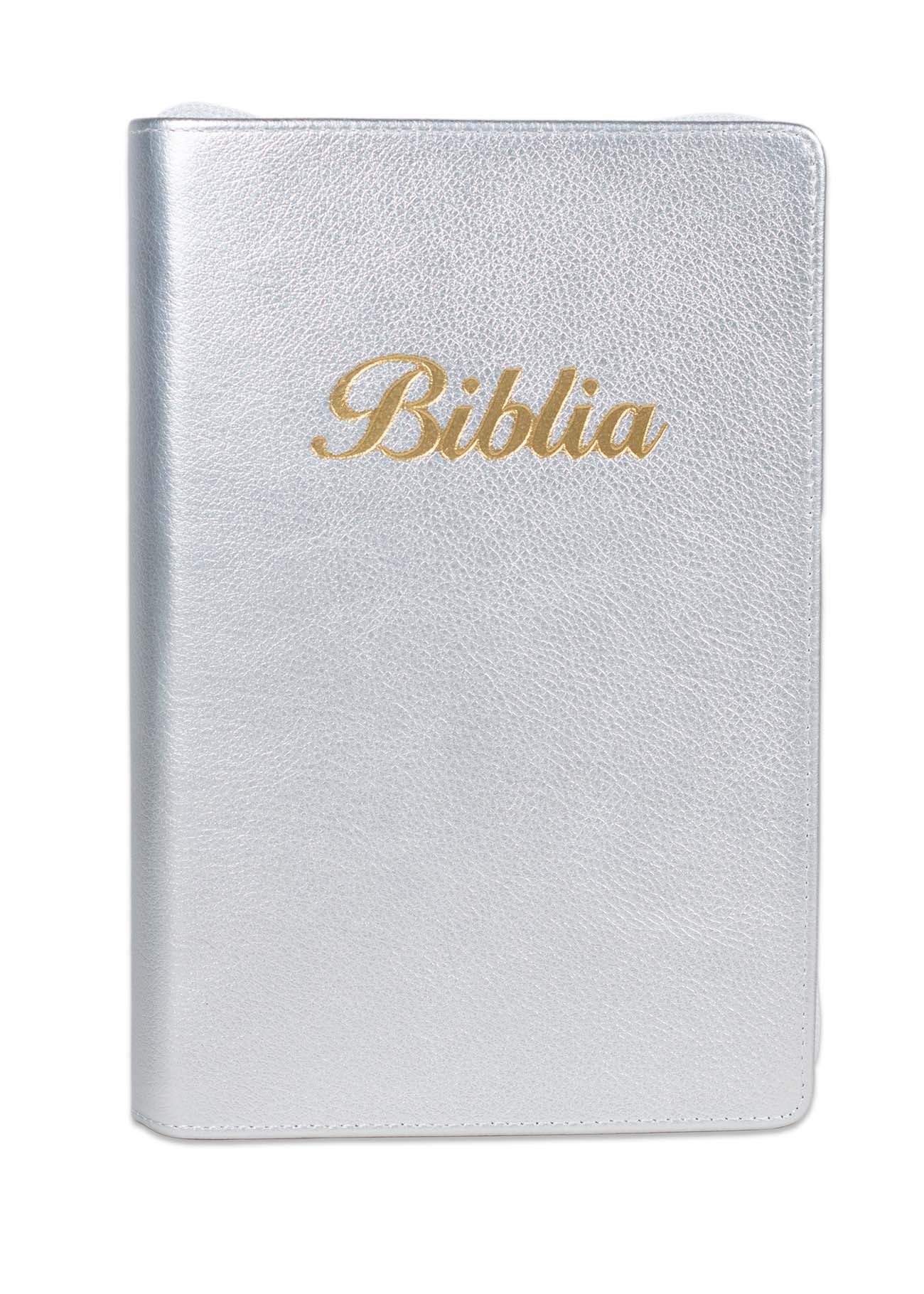 Biblia marime medie, culoare argintie, piele, fermoar, margini aurii, index, cuv. lui Isus cu rosu [MAR 057 PFI]