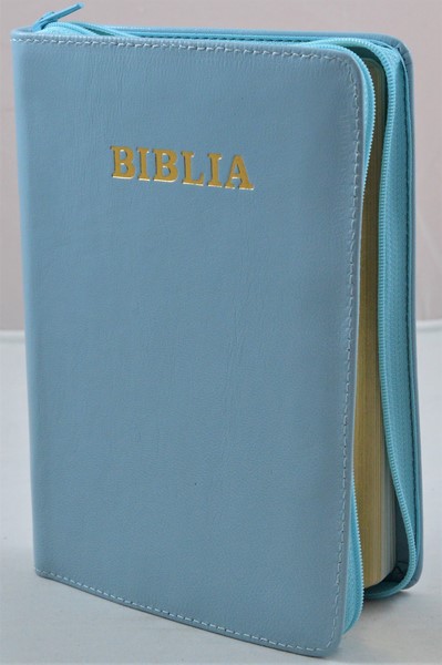 Biblia din piele, medie, albastru ciel, fermoar, aurita, cuv. lui Isus cu rosu [052]
